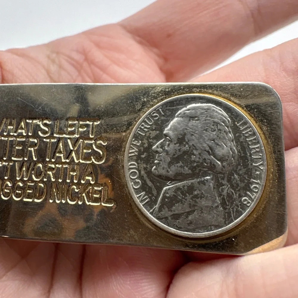 Vintage 1978 Jefferson Nickel Money Clip Gold Tone What's Left After Taxes
